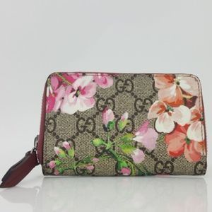 GUCCI GG Blooms Flower Pattern Round Zipper Case Coin Purse Wallet PVC Leather